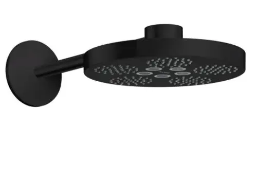 Schwarze Kopfbrause mit runder Duschplatte und Brausearm, wandmontiert, von AXOR, mit mehreren Düsen für Wasserstrahlvariationen.